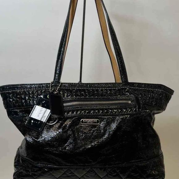 Coach Poppy Daisy Designer Black Gloss Handbag Purse Tote - Picture 1 of 7